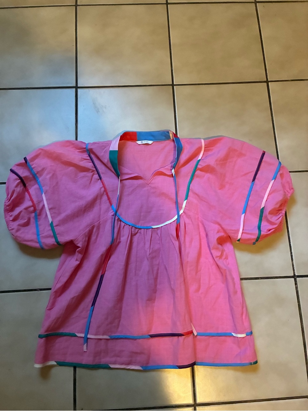 Pink Puff-Sleeve Cotton Peasant Top - Picture 2 of 6